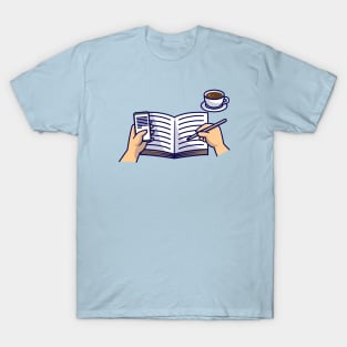 Hand Writing On Book With Coffee And Phone Cartoon T-Shirt